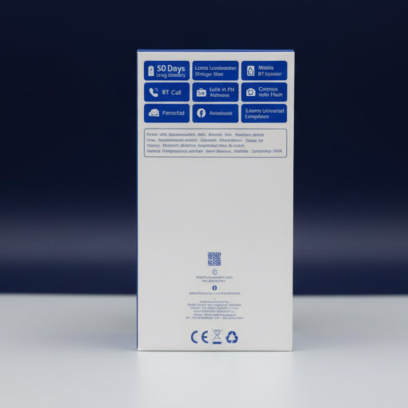 Hand holding a white box with blue labels against an orange wall with text.